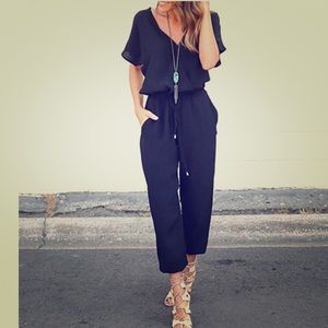Women's V Neck Casual Loose Long Jumpsuit